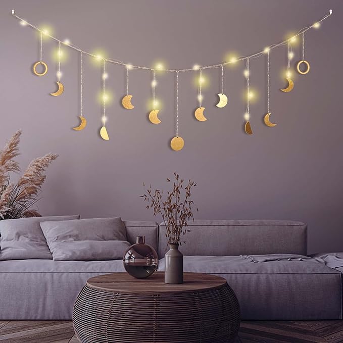 Moon Phase Wall Decor with LED String Light, 13 Gold Wood Boho Wall Hanging Decor Mood Garland 56'' - Celestial Phases Moon Decoration in Bohemian Style for Bedroom Living Room, Birthday Gifts