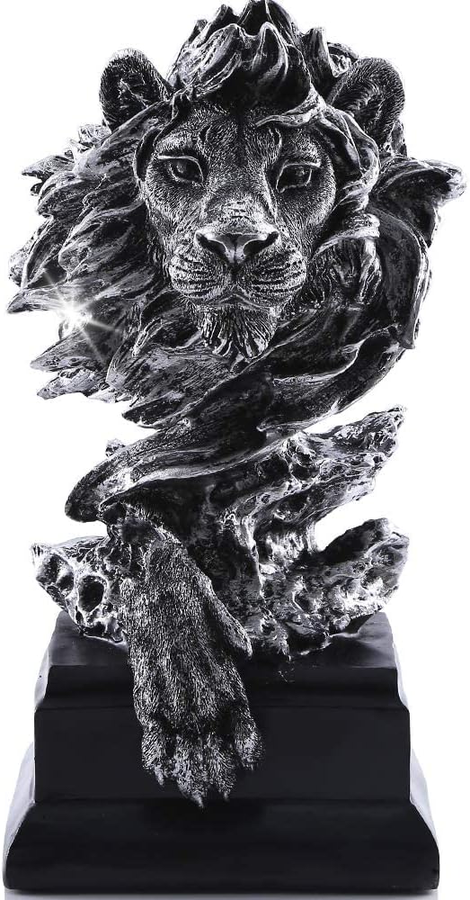 H&W Sandstone Lion Figurines - The King of Beasts - Statue Decoration for Home/Study/Living Room, Great Collectible Figurines, Best Gift for The Man, Silver Color (HH17-D3)