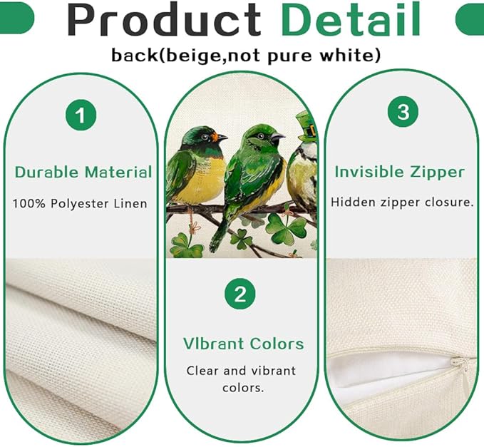 RABUSOFA St.Patricks Day Pillow Covers 12x20 Inch,Birds Shamrock St Patricks Day Decorations Holiday Spring Decorative Pillow Case Decor for Sofa Couch Green
