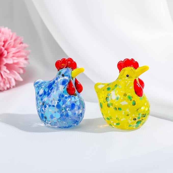 LONGWIN 2PCS Mini Glass Chicken Figurine Hand Blown Art Glass Rooster Animal Statues Collectible Figurines Unique Gift Home Decor Ornaments