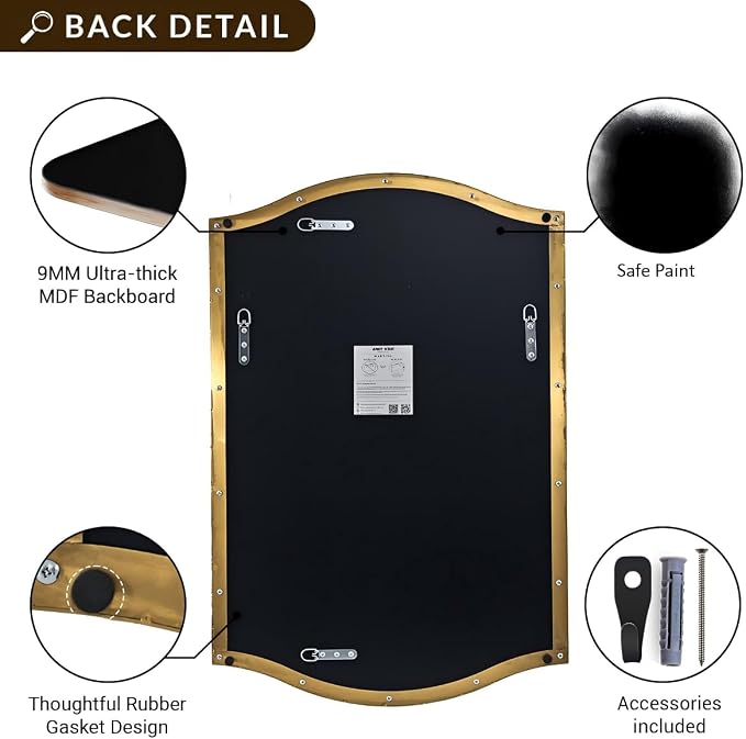 ANDY STAR 30"x40" Scalloped Wall Mirror, Brushed Gold Rectangle Bathroom Mirror with Curved Edge Stainless Steel Metal Frame, Large Wall-Mounted Mirror for Bathroom, Entryway (Horizontal/Vertical)