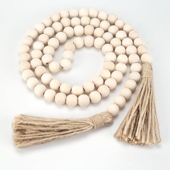 58in Wood Bead with Tassels – Boho Farmhouse Decor for Wall, Vase, Tray – Handmade Wooden Beads Home Decor