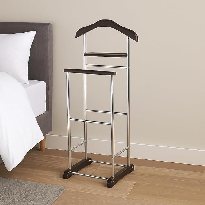 Proman Products Twin Valet with Wooden Hanger Tray & Trouser Bar, Walnut