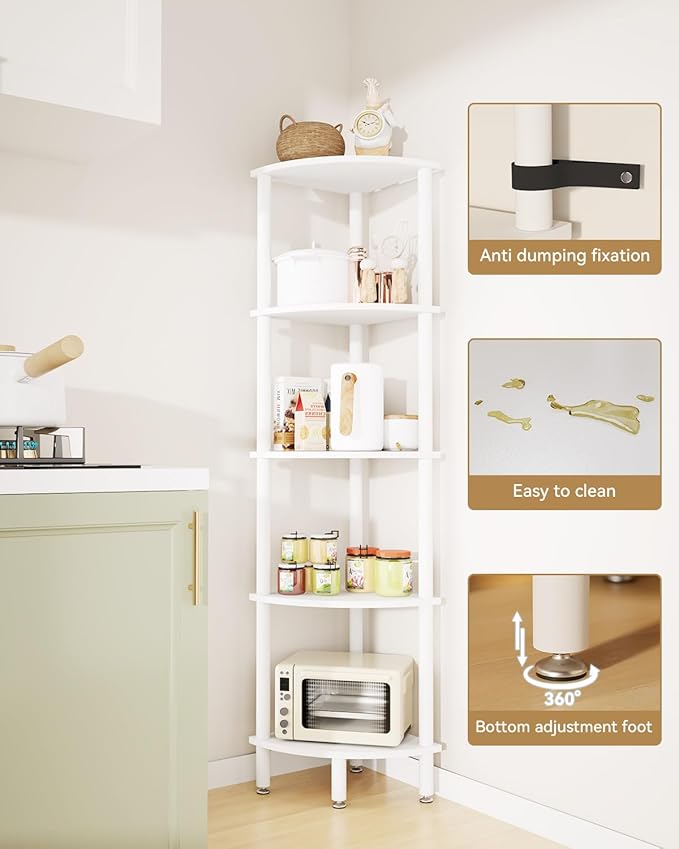 IBUYKE 5 Tier Corner Shelf Stand,Industrial Corner Display Rack,Corner Bookshelf for Living Room, Bedroom, Kitchen, Home Office, White WBC010W