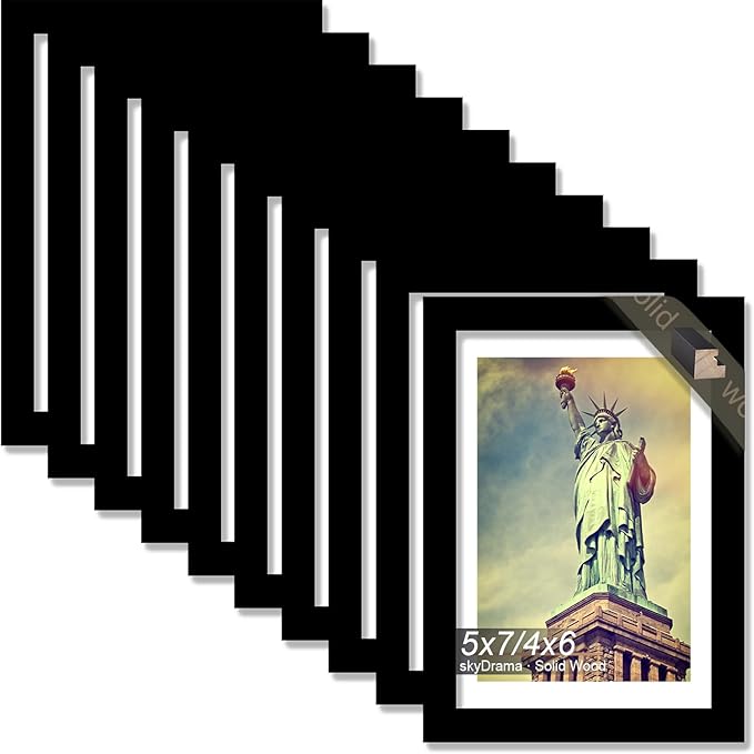 100% Solid Wood 5x7 Picture Frame Set of 10, Black Frame Display Photo 4 x 6 with Mat or 5 x 7 without Mat, 5by7 HQ Matte Black Frame for Wall - 10 Pack/Black/5"x7"