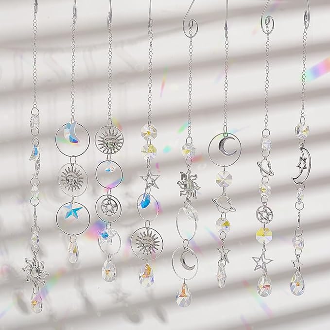SUNNYCLUE 1 Box DIY 8 Sets Sun Moon Suncatcher Kit Sun Catcher Crystals Vintage Antique Silver Tibetan Style Faceted Ab Colors Rainbow Maker Suncatcher Kit for Birthday Summer Party Favors Gifts Adult