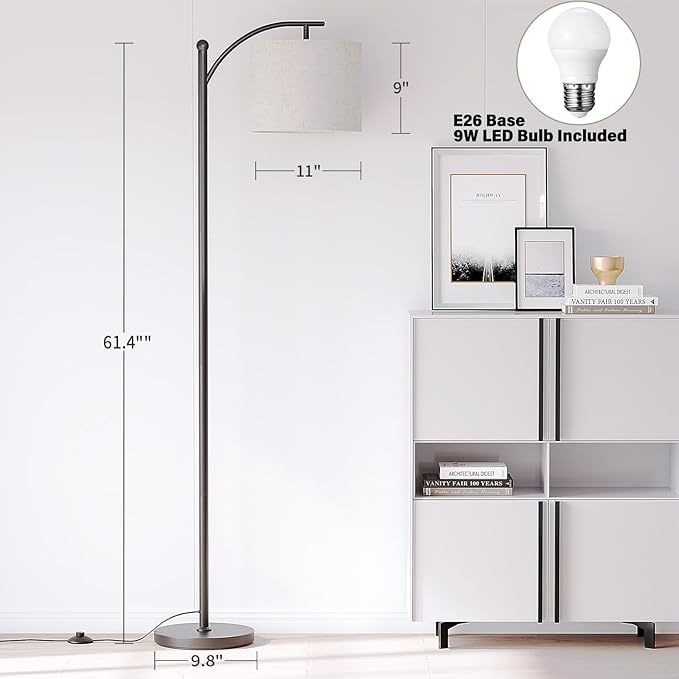 SUNMORY Arc Floor Lamp,Modern Floor Lamp with 3 Color Temperatures Bulb,Metal Standing Lamps with Adjustable Hanging Lampshade,Tall Floor Lamps for Living Room (Black)