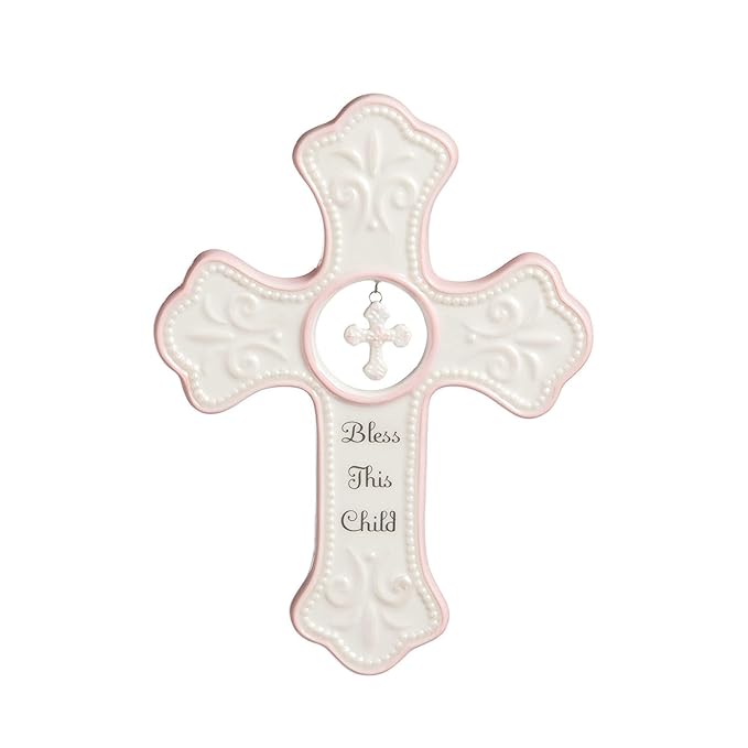 DEMDACO Bless This Child Wall Cross - Blessing Cross for Baby - Faith Nursery Decor - Gift for Newborn - Religious Christian Wall Hanging - Porcelain - Gift Box Packaging - Pink