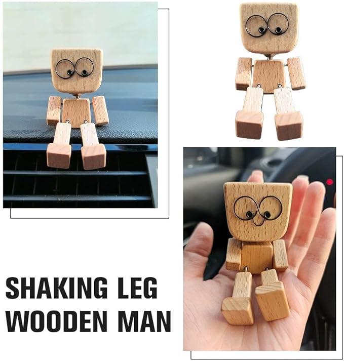 Shaking Wooden Man, Shaking Wooden Man Figurine for Car Dashboard, Handmade Shak Feet Woodens Doll, Funny Cars Ornaments Wood Desktop Decor, Car Dashboard Accessories with 12PCS Magnetic Expressions