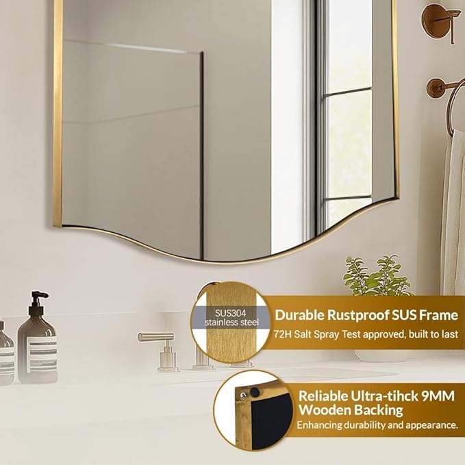 ANDY STAR Scalloped Bathroom Mirror，24"x32" Gold Rectangle Wall Mirror with Curved Edge Stainless Steel Metal Frame, Brass Vanity Wall-Mounted Mirror for Bathroom, Entryway