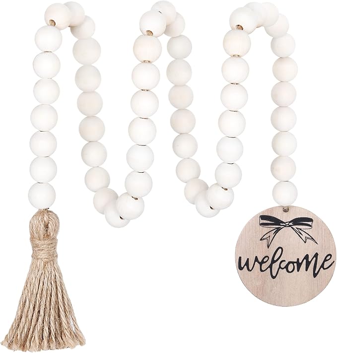 Meplait Welcome Wooden Bead Garland with Tassel, Decorative Beads Home Decor Farmhouse Tassel Garland Boho Decor for Tiered Tray（38in）