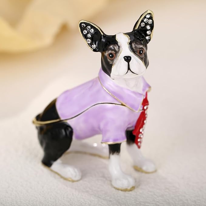 Hand Painted Trinket Box for Home Decor Accents, Enamel Hinged Jewelry Box for Bookshelf Office Table Desk Decoration, Classical Figurine Collectible Keepsake Animal Sculptures (Boston Terrier)