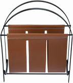 MyGift Black Metal and Caramel Brown Leatherette Magazine Rack – Tabletop or Floor Standing Sling Basket for Magazines, Newspapers, and Books