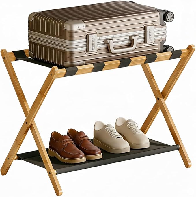 Bamboo Luggage Rack for Guest Room, 26.77" Folding Wide Suitcase Stand with Fabric Storage Shelf, Thickened Luggage Stand Holder for Bedroom Hotel, Luggage Rack for Suitcases (1 Pack - Natural)