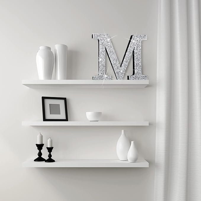 Qunclay 5.7" Silver Crystal Diamond Bling Letters Crushed Diamond Decoration Wooden Glitter Letter with Screw and Hooks Rhinestone Gift for Wedding Y2k Mcbling Bedroom Wall Decor (Letter M)