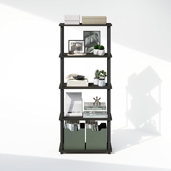 Furinno Turn-N-Tube Book Shelf, 5-Tier Bookshelf, Bookcase with Multipurpose Compact Display Rack, 11.6 x 23.6 x 57.4, for Living Room, Bedroom, Home Office, Espresso/Black