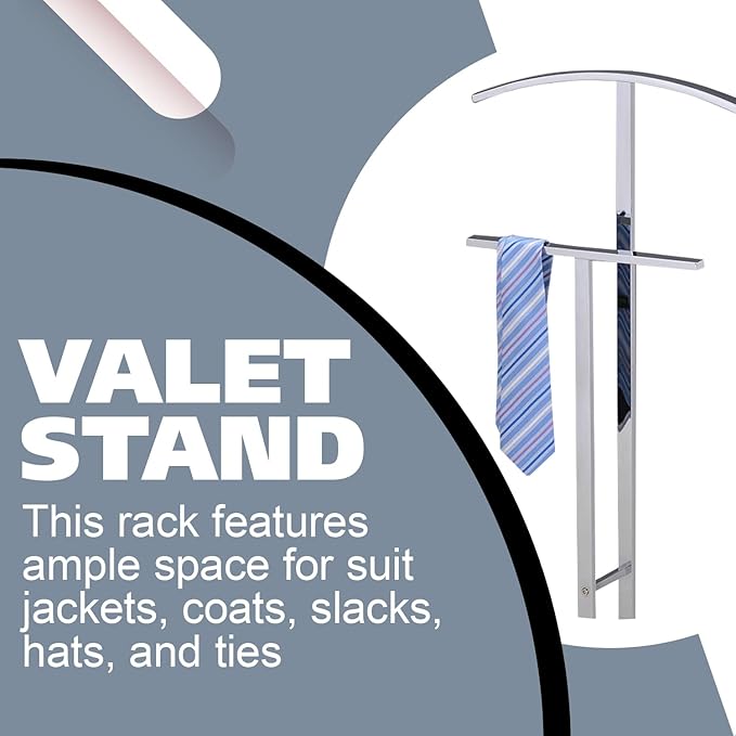 Kings Brand Furniture Dossi Modern Metal Suit Valet Stand, Clothes Rack Organizer with Jacket, Pants & Tie Holder, Space-Saving Garment Rack for Bedroom or Closet (Chrome)