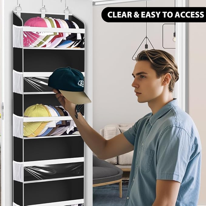 Over the Door Hat Organizer for Baseball Caps, Hold up to 60 Hats Rack Storage for Door/Closet/Wall, Clear Pockets Hanging Hat Holder for Baseball Caps with 10 Mesh Pockets, Black