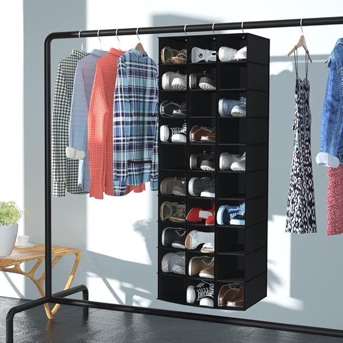 coastal rose Hanging Shoe Organizer for Closet, 30 Sections Hanging Closet Organizers and Storage Shelves, Space Saving Hanging Shoe Storage, Black, 17''W×11.5''Dx 48''H