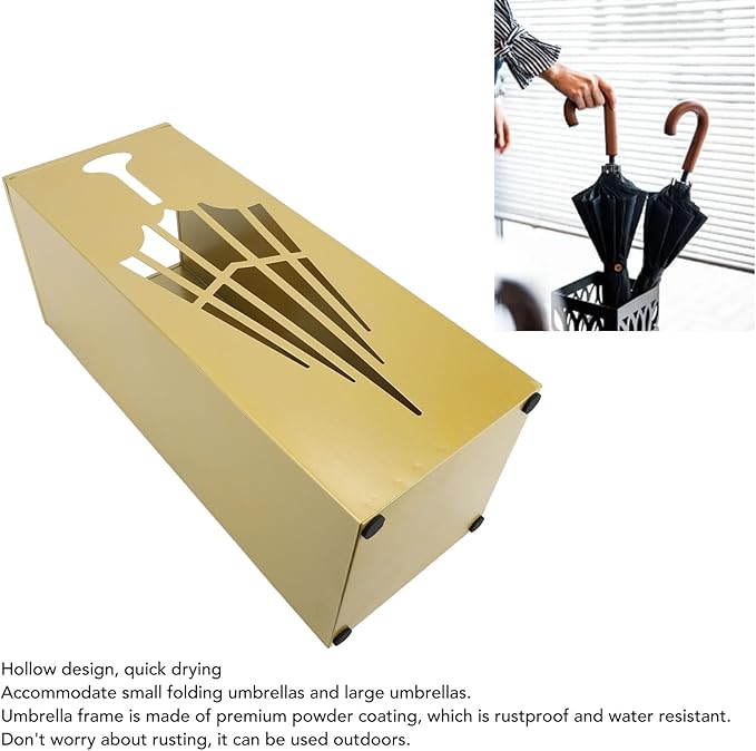 Square Metal Umbrella Holder, Umbrella Stand Rack for Entryway with Hollow Pattern, Fast Drying Rack Holder for Office and Entryway (Gold)