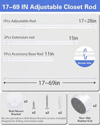 No Drilling Closet Rods for Hanging Clothes, Non Slip Tension Rod with Heavy Duty Clothes Hanging Rod, 17-69 Inches Adjustable Spring Closet Rod for Closet Wardrobe Bathroom Laundry RV, White