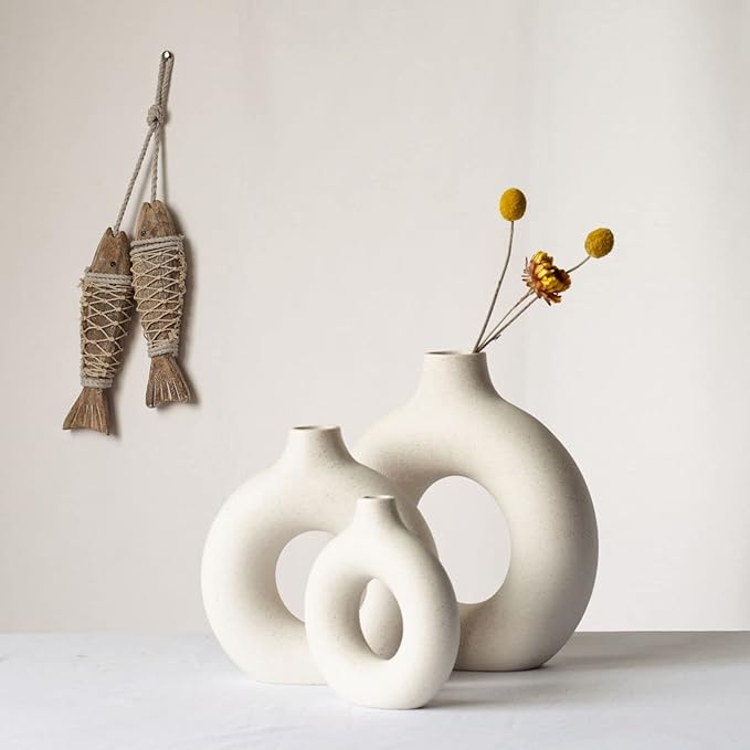 CEMABT White Donut Vase Hollow Ceramic Vase for Flowers Handmade Minimalist Boho ins Style Modern Home Decor for Wedding Dinner Table Party Living Room Office Bedroom（L，White）