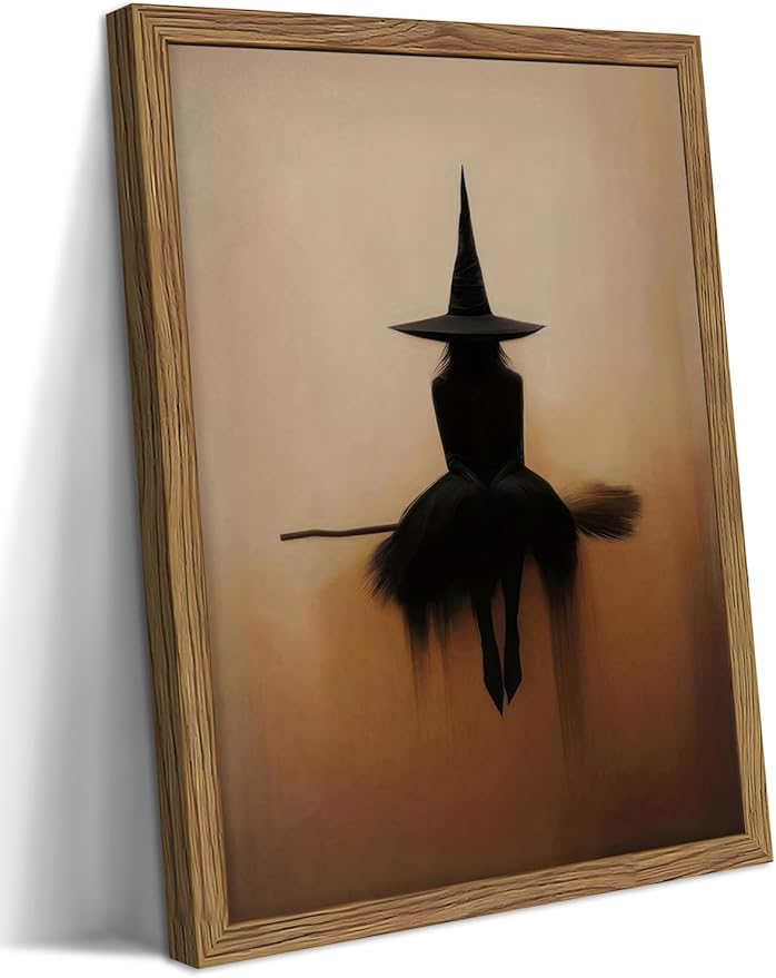 Framed Vintage Witch Wall Art, Minimalist Halloween Witch Canvas Prints, Spooky Gothic Dark Academia Witches Painting, Rustic Aesthetic Halloween Wall Decor for Bedroom Living Room 8x10 inch