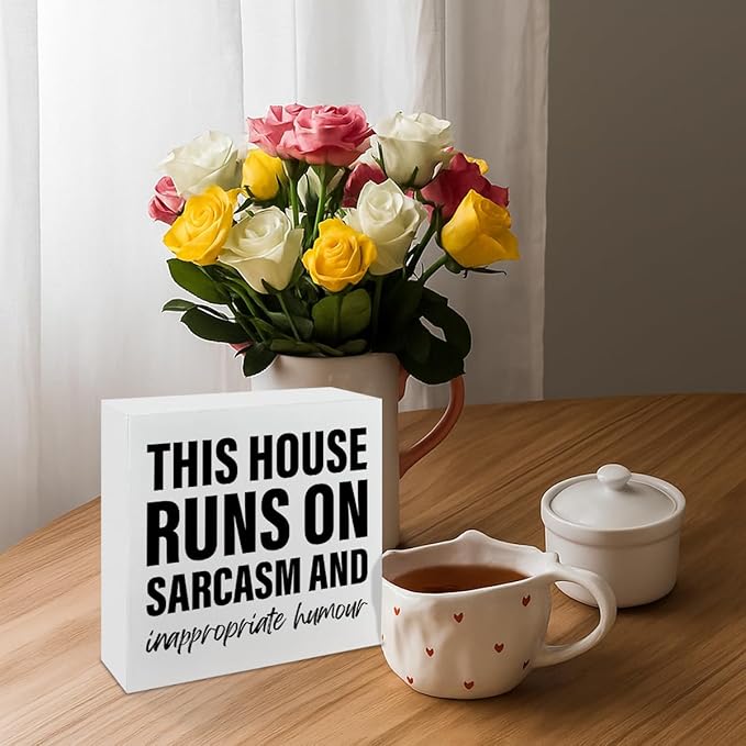 Funny Wood Signs, This House Runs On Sarcasm and Inappropriate Humor Sign, Funny Home Decor, Housewarming Gift, Box Sign Tabletop, Living Room Decor, Hallway Decoration, 5.1x5.1inches