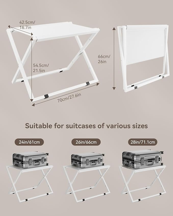 IBUYKE Luggage Rack for All Suitcase Sizes,Metal Luggage Holder,Foldable Suitcase Stand,Easy to Assemble for Bedroom Living Room Hotel,White TLR001W-2