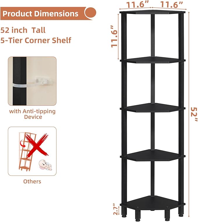 YUFAM 5-Tier Corner Shelf with Sturdy 5-Leg Base, Wooden Corner Bookshelf for Small Spaces, Corner Standing Shelf for Living Room, Bedroom, Office, Black