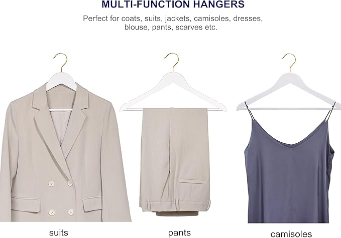 Amber Home 30 Pack Solid Wood Suit Coat Hangers, Smooth White Finish Wooden Dress Hangers with Non Slip Pant Bar, Clothes Hangers with Gold Hook & Notches for Jacket, Pant, Shirt (White+Gold, 30)