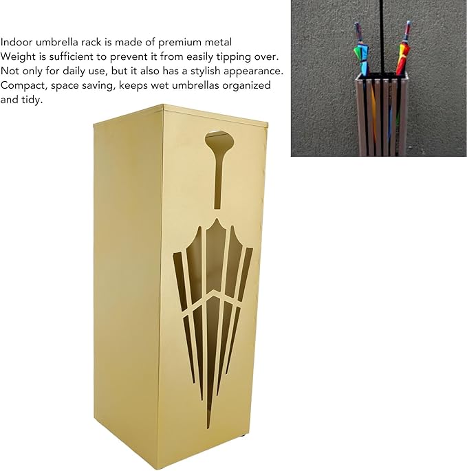 Square Metal Umbrella Holder, Umbrella Stand Rack for Entryway with Hollow Pattern, Fast Drying Rack Holder for Office and Entryway (Gold)