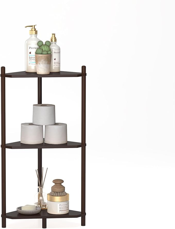 Wisuce Corner Shelf Stand - 3 Tier Bamboo Small Corner Bookshelf, Brown (Color Issue Fixed), for Office Kitchen Bedroom Plant Stand Living Room Decor Small Space