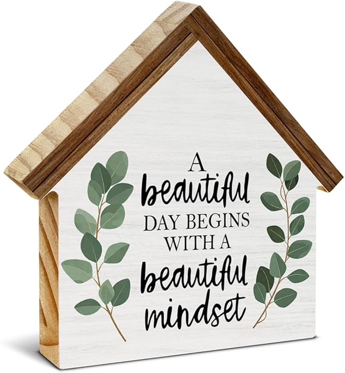 Motivational Positive Quotes Decor, Minimalist Eucalyptus House Shaped Wooden Block Sign, Inspirational Office Home Decor for Desk Table Shelf