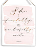 Inspirational She is Fearfully and Wonderfully Made Bible Verse Wood Sign Rustic Psalm 139:14 Flowers Christian Wooden Hanging Plaque for Home Wall Art Decoration 8 x 10 Inches Present