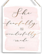 Inspirational She is Fearfully and Wonderfully Made Bible Verse Wood Sign Rustic Psalm 139:14 Flowers Christian Wooden Hanging Plaque for Home Wall Art Decoration 8 x 10 Inches Present