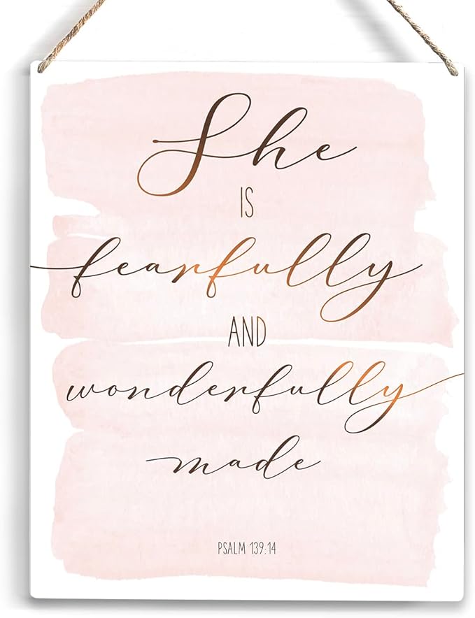 Inspirational She is Fearfully and Wonderfully Made Bible Verse Wood Sign Rustic Psalm 139:14 Flowers Christian Wooden Hanging Plaque for Home Wall Art Decoration 8 x 10 Inches Present