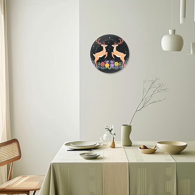 Decorative Plates for Display 8" Symmetrical Deer Floral Arrangement Starry Night Sky Ceramic Ornament with Display Stand and Hook Up for Wall Decor Hanging Festival Wedding Gift