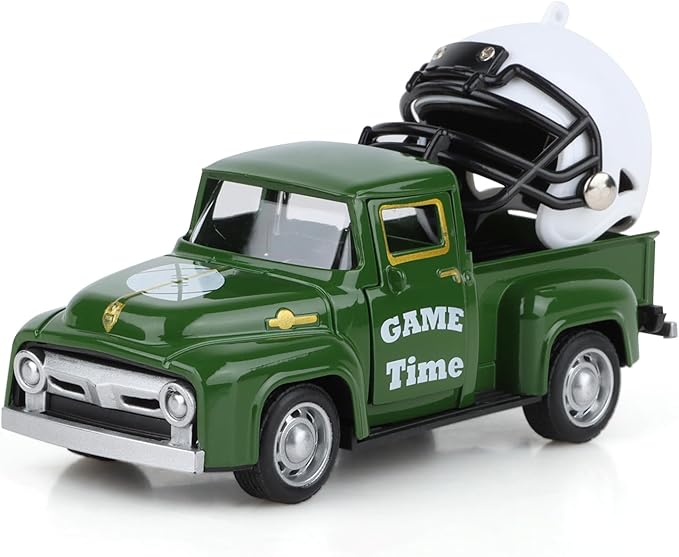 Football Metal Truck with White Football Helmet Farmhouse Vintage Green Truck Decor for Room Farm Metal Car Home Decors Mini Vintage Car Collectible Gift for Home Desk Bookshelf