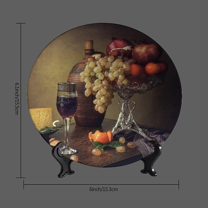 Decorative Plate Stand, 6 Inch, Cheese Grape Pomegranate Orange Garnish Round Display Plate, Hanging Decorative Plate with Display Stand, for Home Kitchen Bedroom Decorative Ornaments