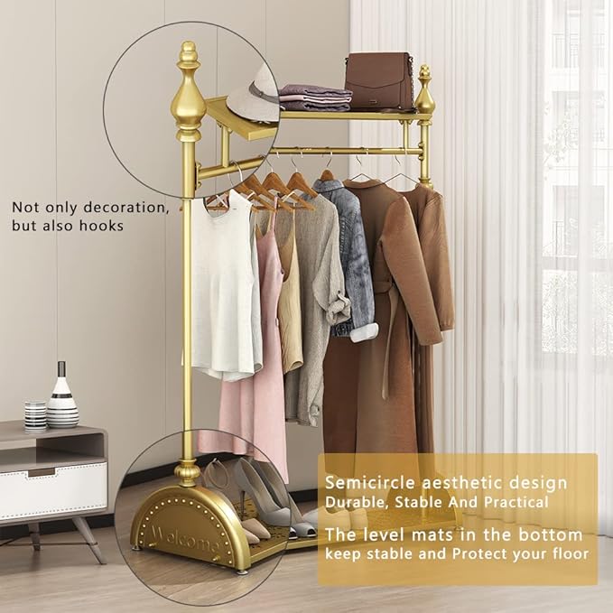 Clothing Rack Gold, Industrial Clothes Rack for hanging Clothes with Double Shelves Freestanding Multi-functional Heavy Duty Garment Rack, Metal Movable Coat Rack for Organizing Clothes Shoes