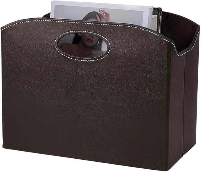 PH PandaHall PU Leather Magazine Holder Floor Foldable Magazine Holder Document File Storage Rack Book Organizer Basket for Office Document Home Living Room Table, Coconut Brown, 13.7x7.4x10.5 inch