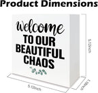 Farmhouse Home Decor, Welcome To Our Beautiful Chaos Wooden Sign, Living Room Wall Art, Family Room Signs, Housewarming Gift, Box Sign Decor Tabletop, Hallway Decoration, 5.1x5.1inches