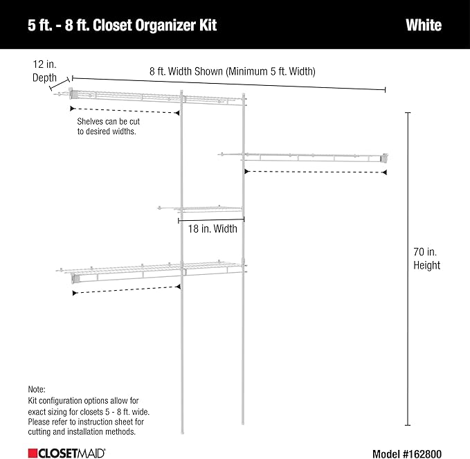 ClosetMaid Wire Closet Organizer System, Adjustable from 5 to 8 Ft., with Shelves, Hardware, Durable Steel, Fixed Mount Installation, White