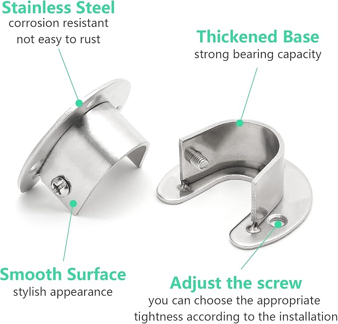 4PCS Heavy Duty Stainless Steel Rod Brackets - 1-1/3 Inch Diameter, U & Round Closet Rod End Supports, Silver