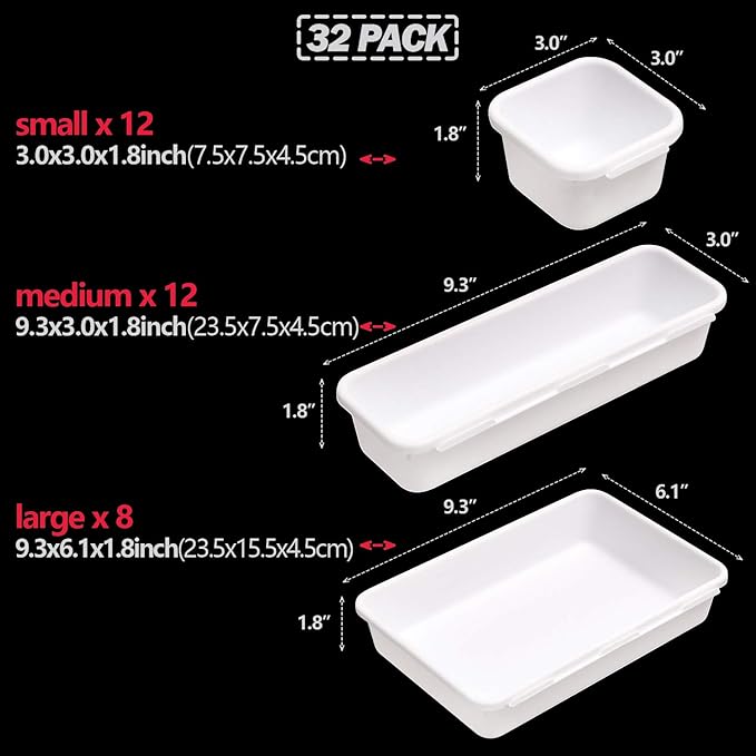 Set of 32 Interlocking Desk Drawer Organizer Tray Dividers Plastic Shallow Narrow Drawers Organizers Separators Storage Bins Container for Kitchen Bathroom Makeup Office Vanity Bedroom Dresser White