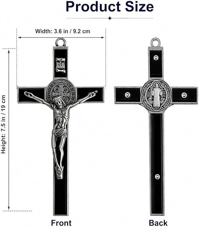 TALPGOD St Benedict Crucifix Silver Black 7.2 Inch,Crucifix Wall Cross for Catholic Decor,Jesus Christ Hanging Cross Wall Art Decor,Escapularios Catolicos,Saint Benedict Medal for Home Decoration