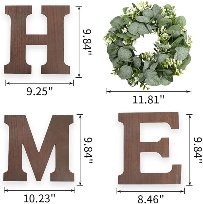 Wooden Home Sign Wall Hanging Decor Letters for Wall Art with Artificial Eucalyptus Wreath Rustic Decor Farmhouse for Living Room Kitchen Point Housewarming Gift(Brown)