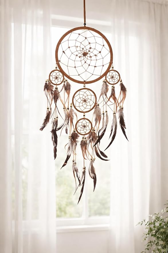 OMA Dream Catcher Wall Hanging with Tiger Eye Stones and Feathers, Brown Suede Traditional Dream Catcher Boho Home Decor Bedroom Decoration Gift Large Size - 28" Long x 9" Diameter