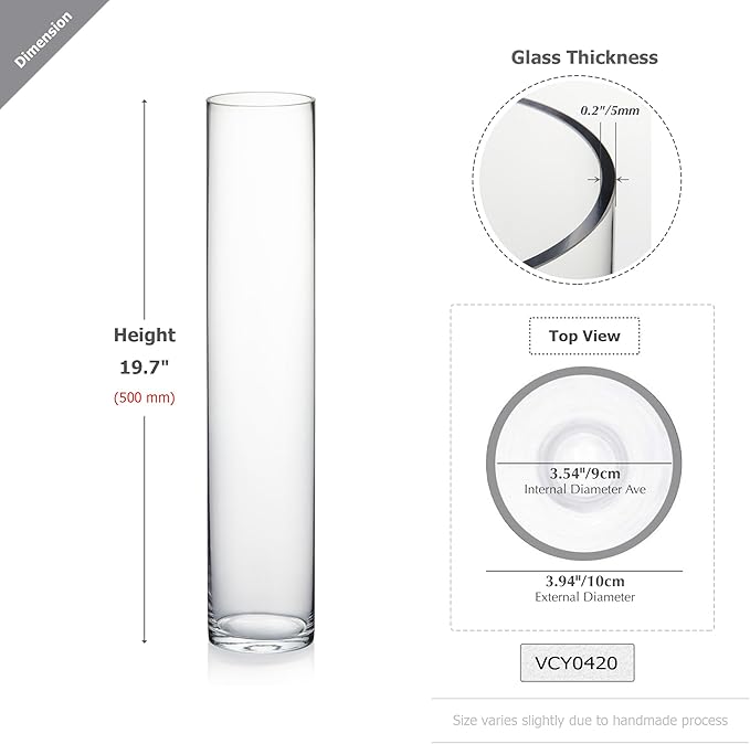 WGVI Quality Thick Weighted Tall Clear Cylinder Glass Vases, 4" W x 20" H, Flower Arrangement Floating Candle Holders Wedding Centerpieces Event Floral Tabletop Display Décor, Bulk Wholesale, 6 Pcs